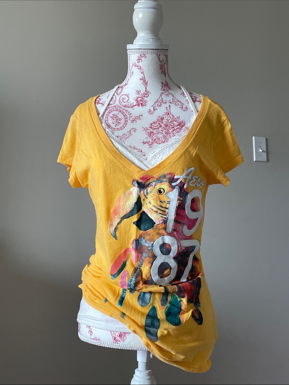 Aeropostale Yellow V-Neck Graphic Tee with Parrot Design